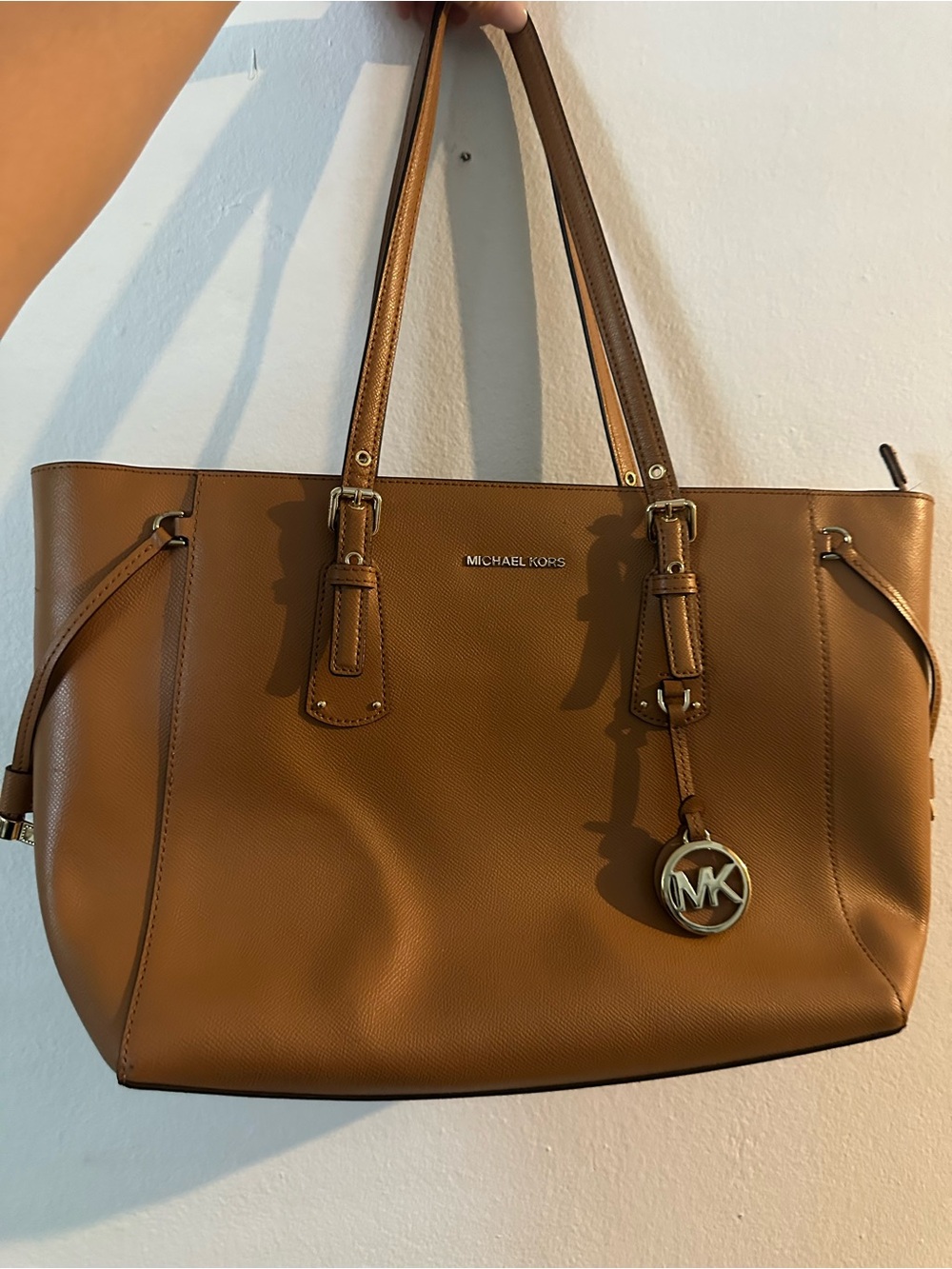 Michael Kors Brown Leather Tote with Gold MK Charm